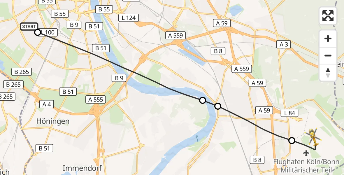 Flugroute Rettungshubschrauber Köln University Hospital - Köln Bonn Flughafen, 15 Juni 2026, 18:52