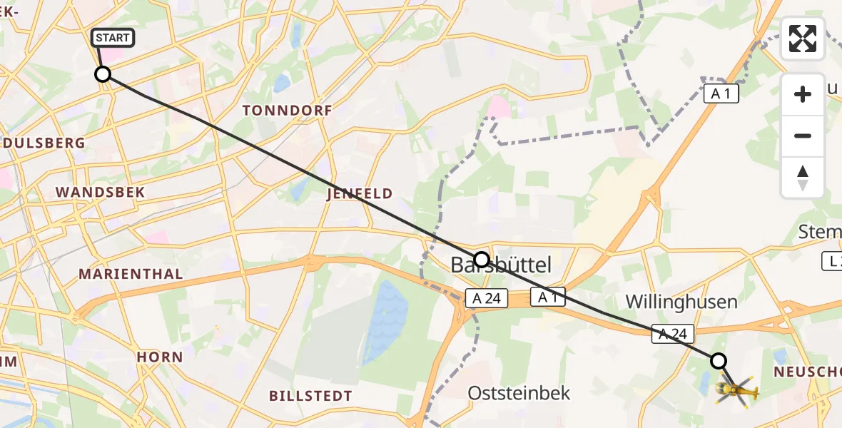 Flugroute Rettungshubschrauber Hamburg Military Hospital - Glinde, 15 Juni 2026, 18:52