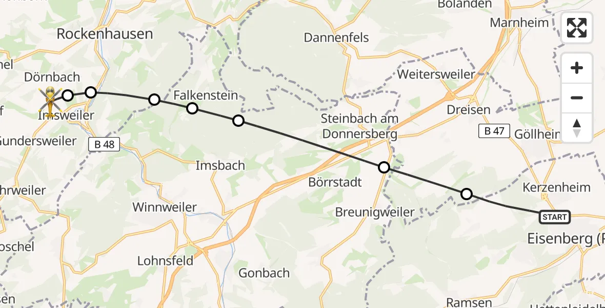 Flugroute Rettungshubschrauber Kerzenheim - Imsweiler UL, 15 Juni 2026, 18:55