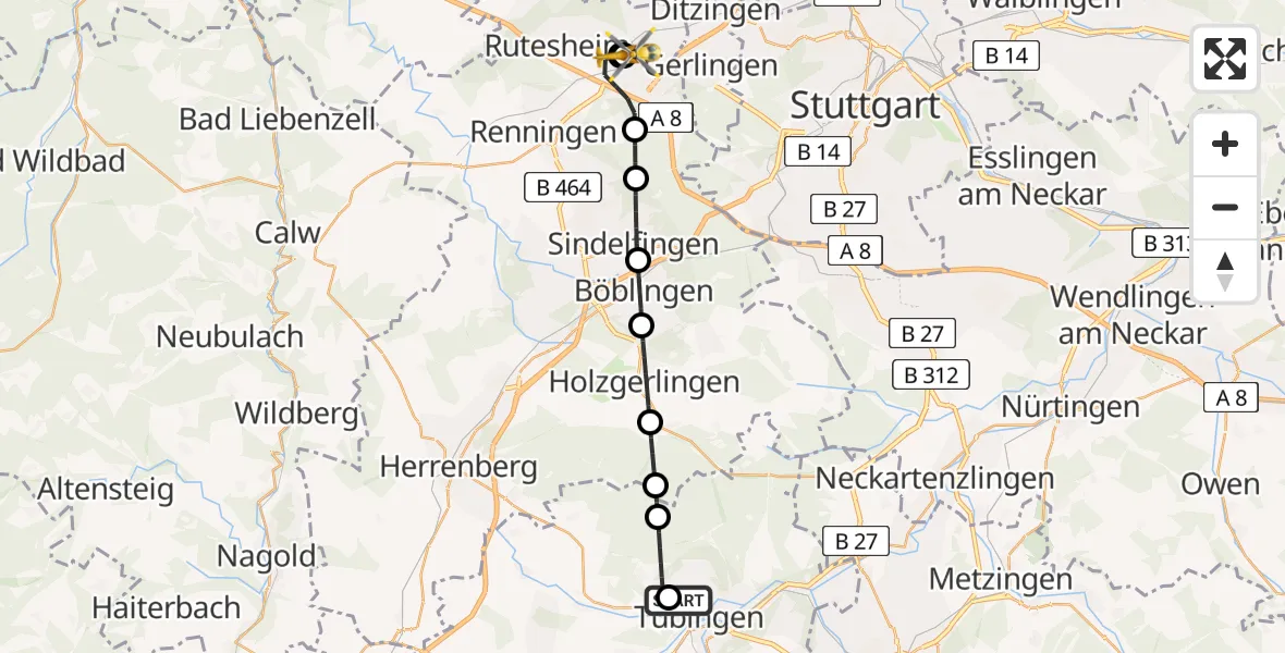 Flugroute Rettungshubschrauber Tübingen University Hospital - Leonberg Hospital, 15 Juni 2026, 18:56