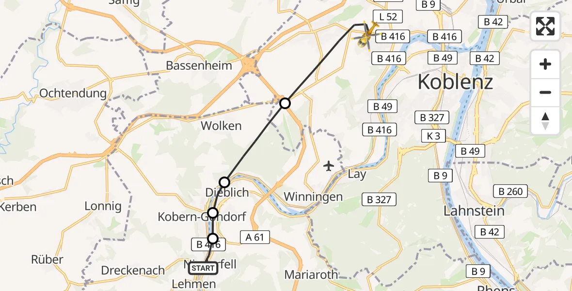 Flugroute Rettungshubschrauber Kobern-Gondorf - Koblenz, 15 Juni 2026, 19:05