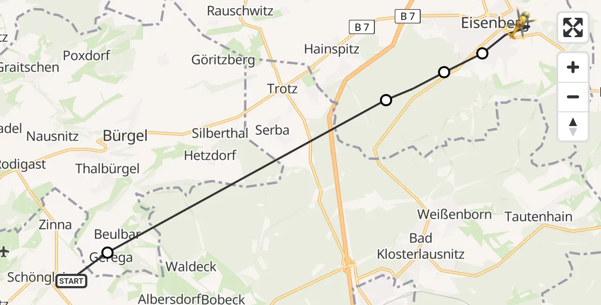 Flugroute Rettungshubschrauber Schöngleina - Eisenberg, 15 Juni 2026, 19:05