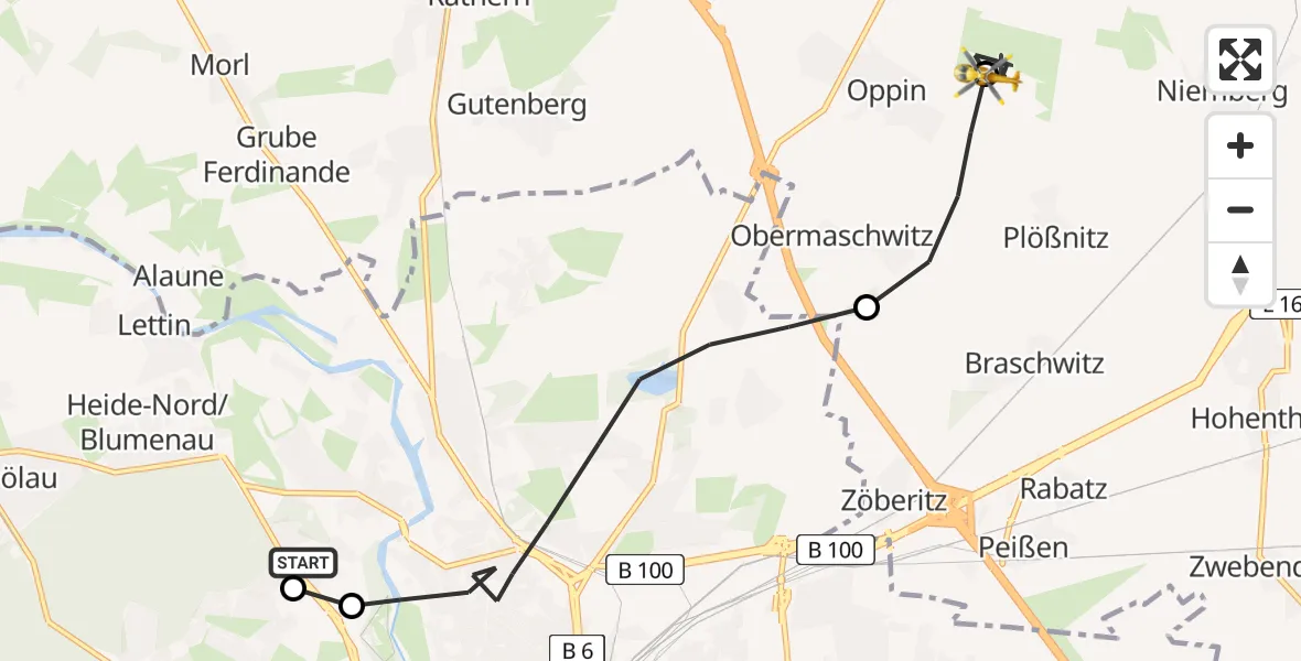 Flugroute Rettungshubschrauber Halle (Saale) University Hospital - Halle-Oppin Flugplatz, 15 Juni 2026, 19:08