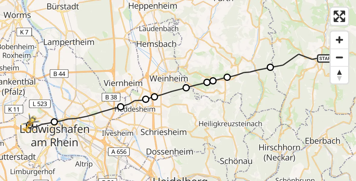 Flugroute Rettungshubschrauber Oberzent - Ludwigshafen Accident Hospital, 15 Juni 2026, 19:08
