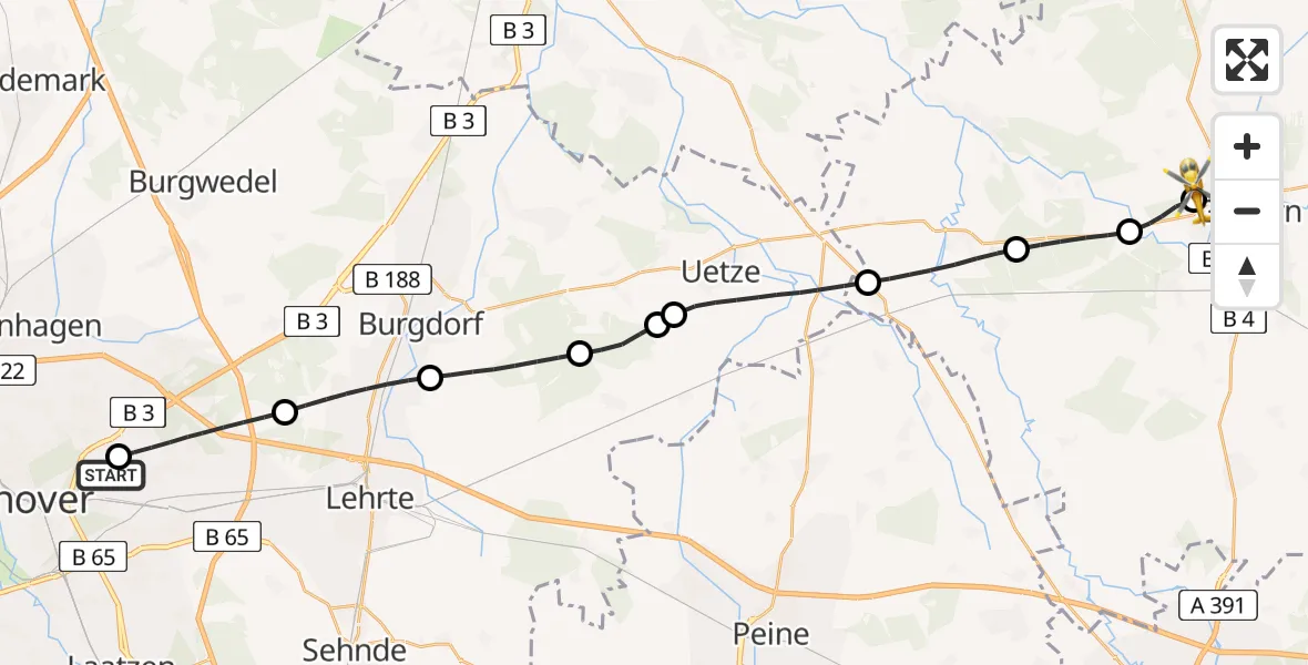 Flugroute Rettungshubschrauber Hannover Luftrettung Hubschrauberlandeplatz (Christoph 4) - Gifhorn Bundespolizei Hubschrauberlandeplatz, 15 Juni 2026, 19:09