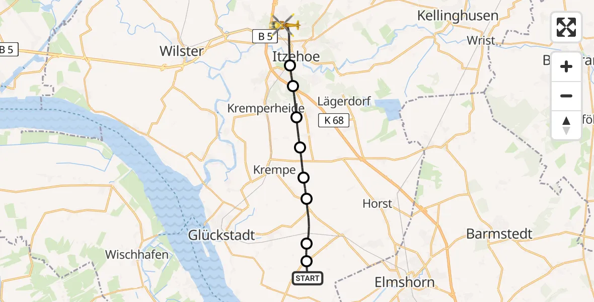 Flugroute Rettungshubschrauber Kollmar - Itzehoe, 15 Juni 2026, 19:13
