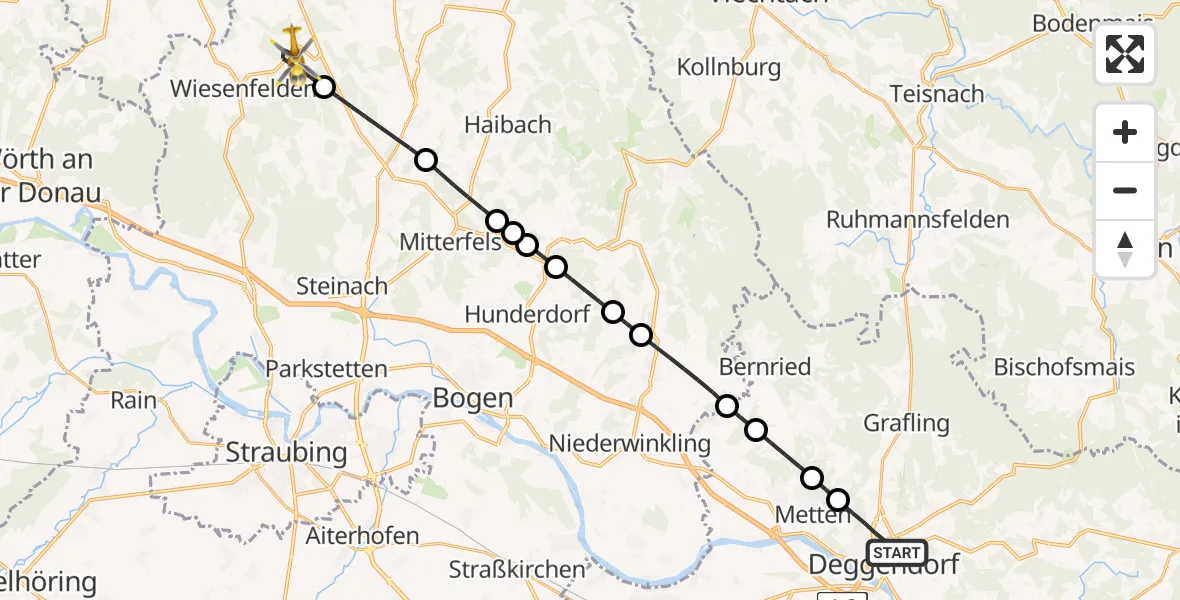 Flugroute Rettungshubschrauber Deggendorf - Wiesenfelden, 15 Juni 2026, 19:23