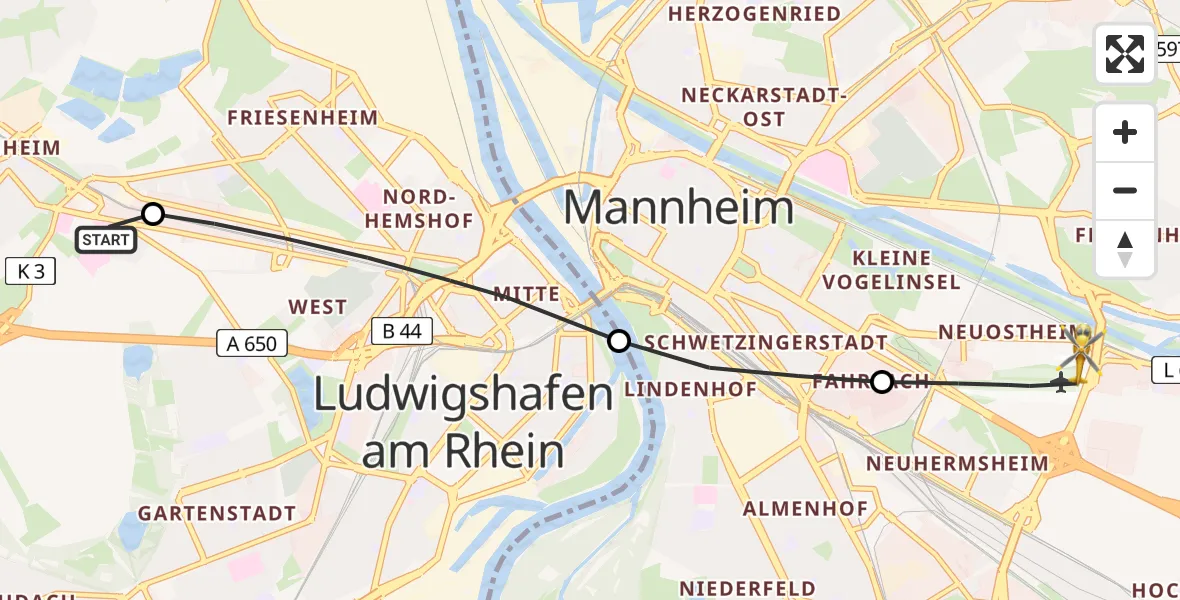 Flugroute Rettungshubschrauber Ludwigshafen Accident Hospital - Mannheim-City Flughafen, 15 Juni 2026, 19:25