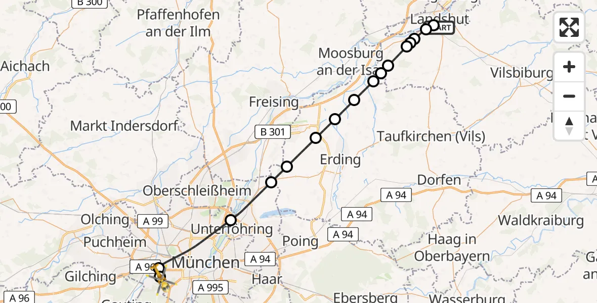 Flugroute Rettungshubschrauber Lakumed Hospital Landshut-Achdorf - DRF Air Rescue München Hubschrauberlandeplatz, 15 Juni 2026, 19:26