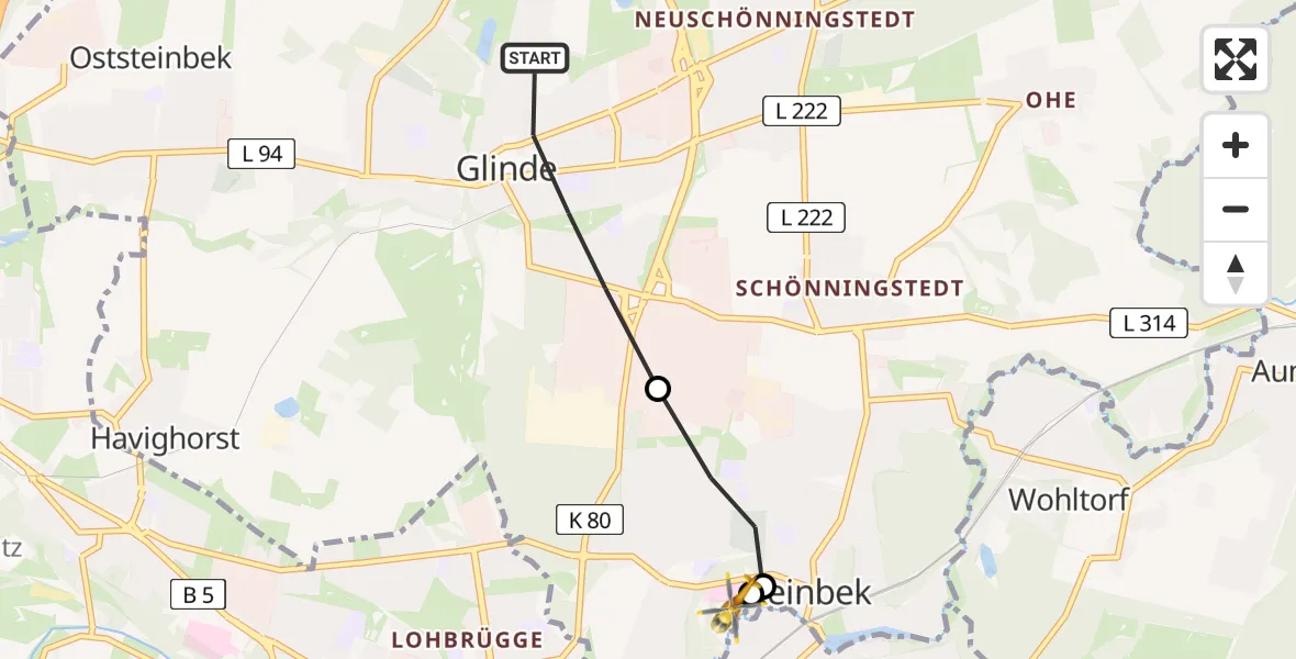 Flugroute Rettungshubschrauber Glinde - Reinbek St. Adolf-Stift Hospital, 15 Juni 2026, 19:27