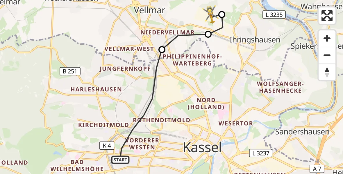 Flugroute Rettungshubschrauber Kassel - Fuldatal Bundespolizei Hubschrauberlandeplatz, 15 Juni 2026, 19:31