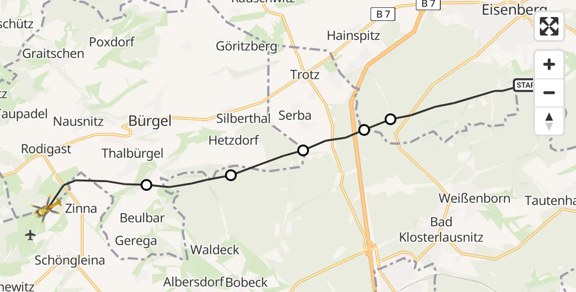 Flugroute Rettungshubschrauber Eisenberg - Bürgel, 15 Juni 2026, 19:35