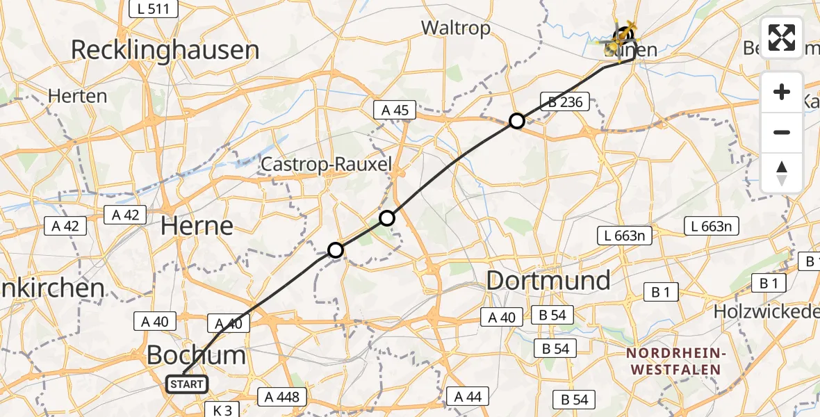 Flugroute Rettungshubschrauber Bochum - Sankt Marien Hospital, 15 Juni 2026, 19:43