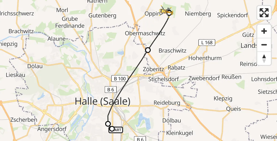 Flugroute Rettungshubschrauber BG Hospital Bergmannstrost Halle - Halle-Oppin Flugplatz, 15 Juni 2026, 19:45