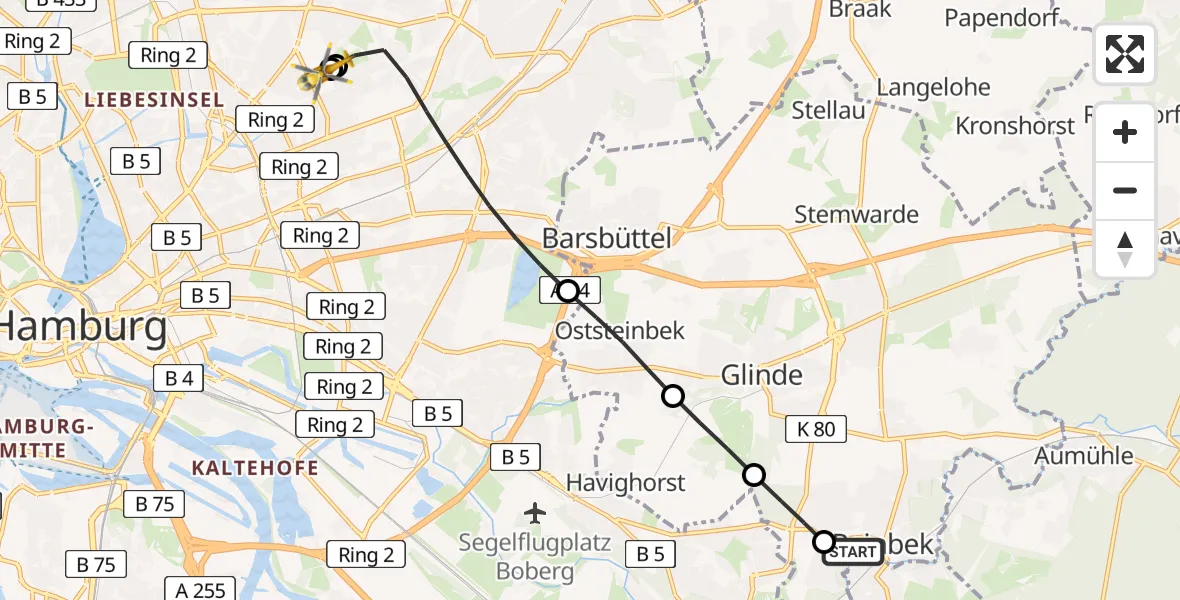 Flugroute Rettungshubschrauber Reinbek St. Adolf-Stift Hospital - Hamburg Military Hospital, 15 Juni 2026, 19:47