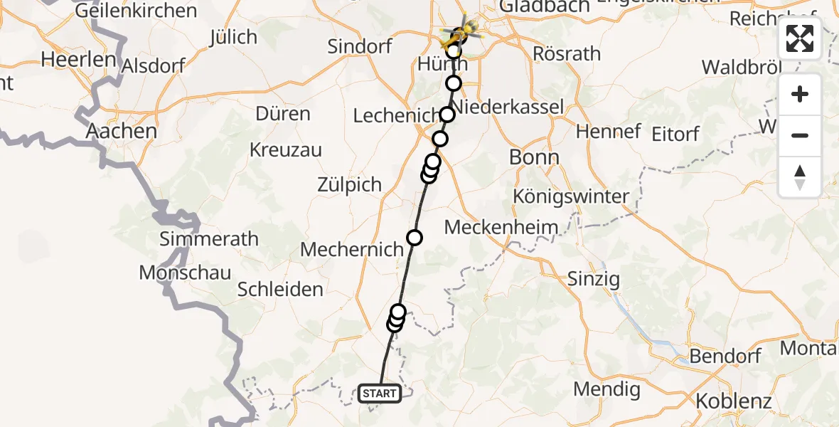 Flugroute Ambulanzhubschrauber Blankenheim - Köln University Hospital, 15 Juni 2026, 19:57
