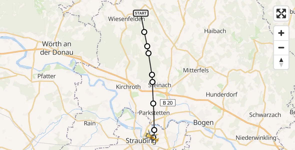 Flugroute Rettungshubschrauber Wiesenfelden - Sankt Elisabeth Hospital Straubing, 15 Juni 2026, 20:01