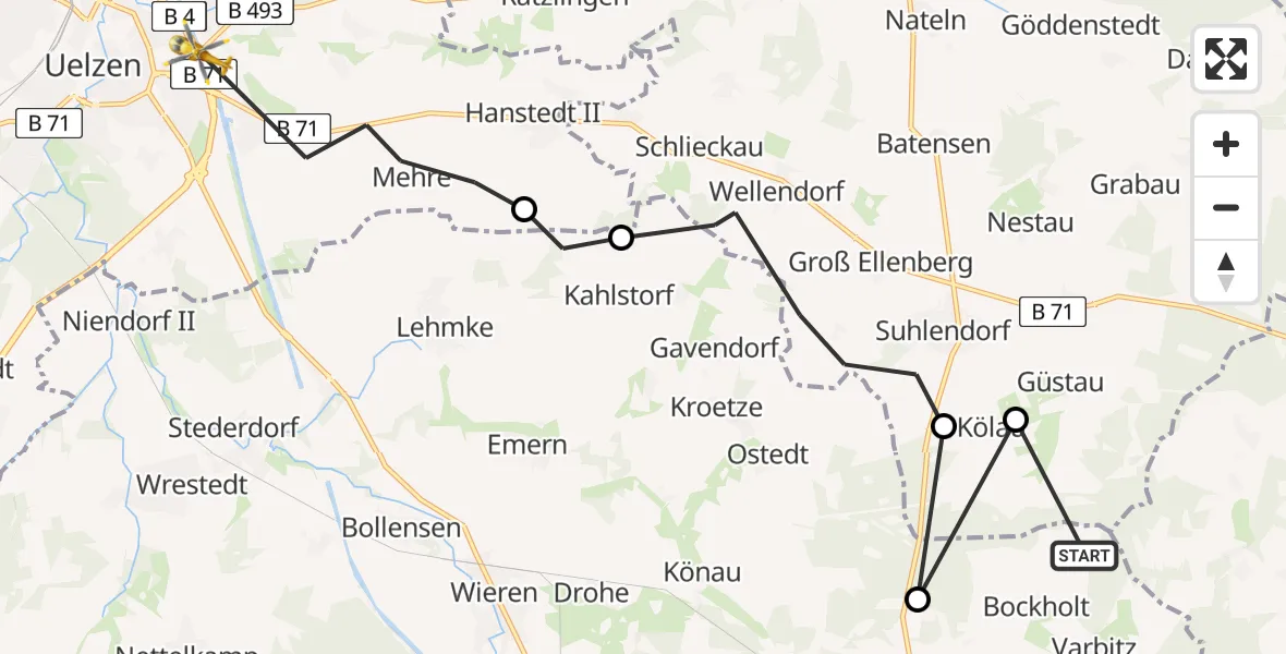 Flugroute Rettungshubschrauber Soltendieck - Uelzen, 15 Juni 2026, 20:18