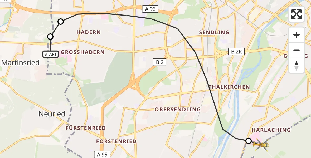 Flugroute Rettungshubschrauber DRF Air Rescue München Hubschrauberlandeplatz - ADAC Air Rescue Center Hubschrauberlandeplatz (Christoph 1), 15 Juni 2026, 20:22