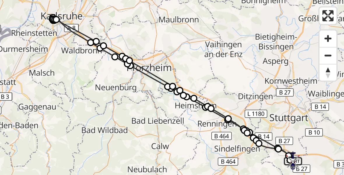 Flugroute Polizeihubschrauber Flughafen Stuttgart - Flughafen Stuttgart, 15 Juni 2026, 21:42