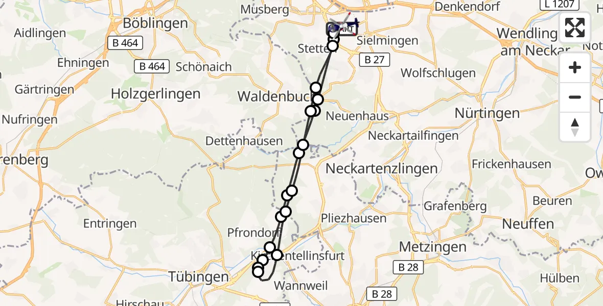Flugroute Polizeihubschrauber Flughafen Stuttgart - Flughafen Stuttgart, 16 Juni 2026, 00:08
