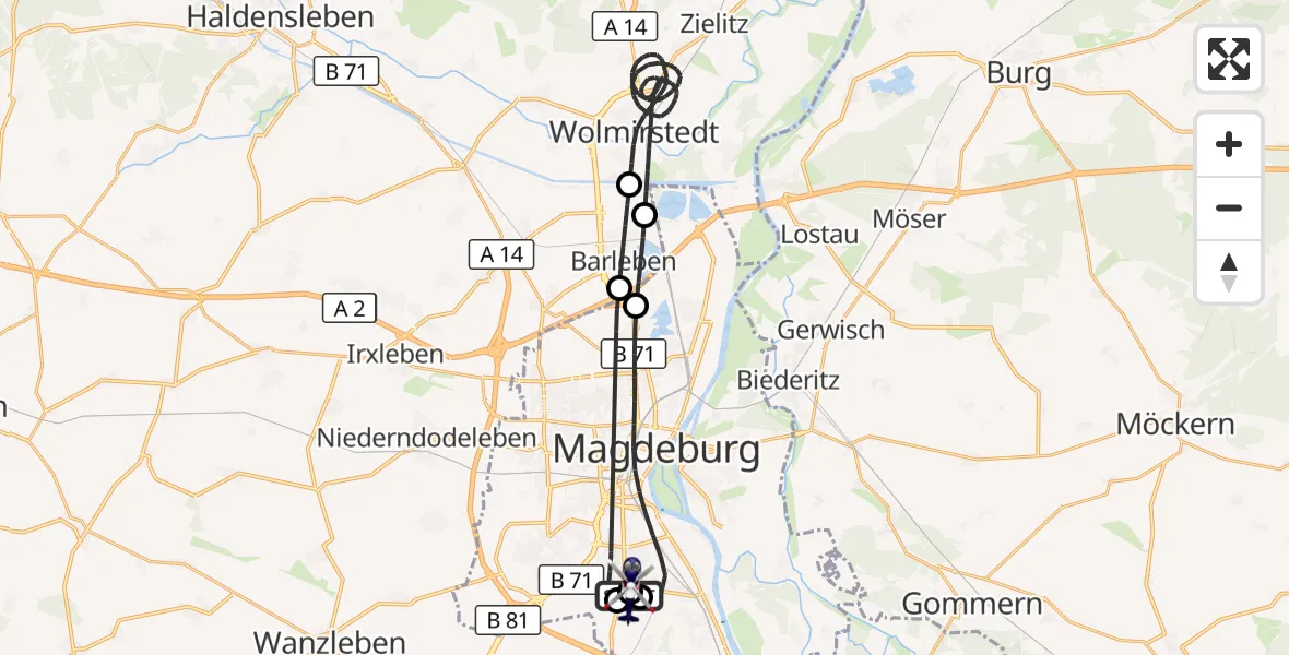 Flugroute Polizeihubschrauber Magdeburg City Flugplatz - Magdeburg, 16 Juni 2026, 01:08