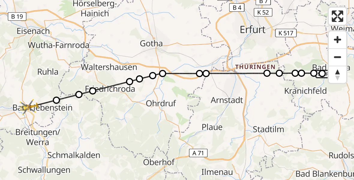 Flugroute Ambulanzhubschrauber Bad Berka Central Hospital - Bad Salzungen, 16 Juni 2026, 01:50
