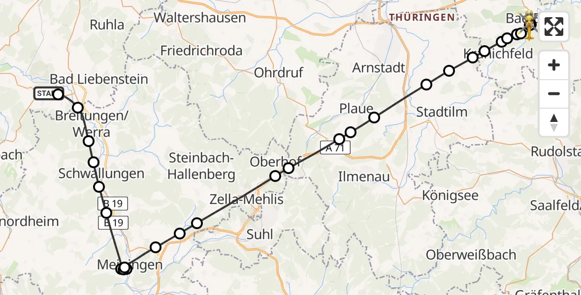 Flugroute Ambulanzhubschrauber Bad Salzungen - Bad Berka Central Hospital, 16 Juni 2026, 02:53