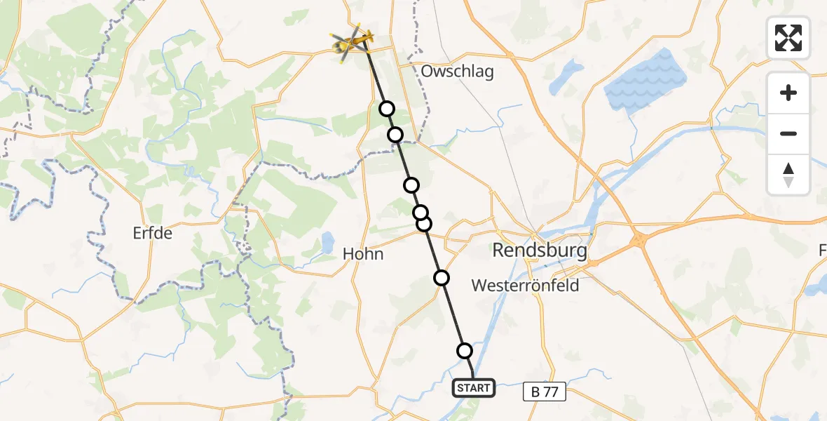 Flugroute Ambulanzhubschrauber Schülp b.Rendsburg - Kropp, 16 Juni 2026, 05:06