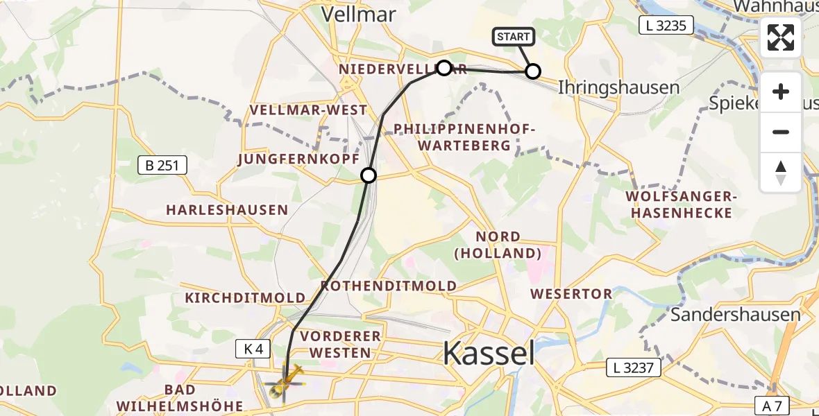 Flugroute Rettungshubschrauber Fuldatal Bundespolizei Hubschrauberlandeplatz - Kassel, 16 Juni 2026, 05:07