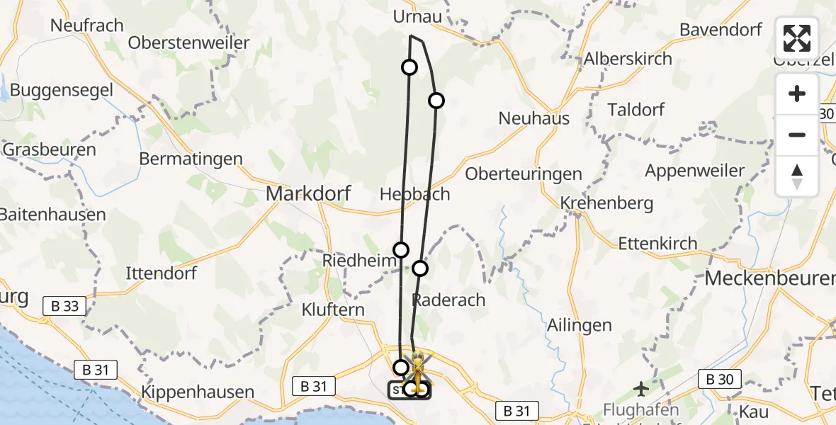 Flugroute Rettungshubschrauber Friedrichshafen Hospital - Friedrichshafen Hospital Hubschrauberlandeplatz, 16 Juni 2026, 05:08