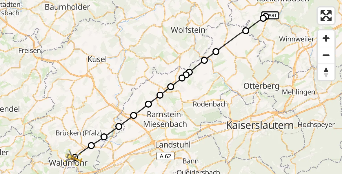 Flugroute Rettungshubschrauber Imsweiler UL - Waldmohr, 16 Juni 2026, 05:09