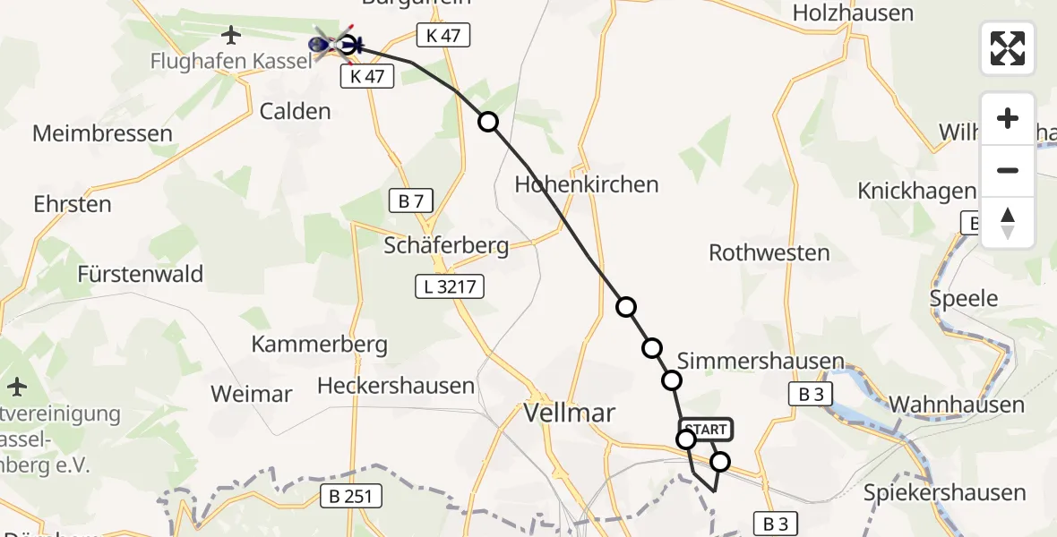 Flugroute Polizeihubschrauber Fuldatal Bundespolizei Hubschrauberlandeplatz - Kassel Flughafen, 16 Juni 2026, 05:40