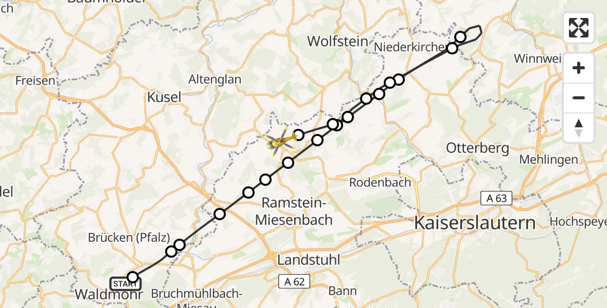 Flugroute Rettungshubschrauber Waldmohr - Reichenbach-Steegen, 16 Juni 2026, 05:51