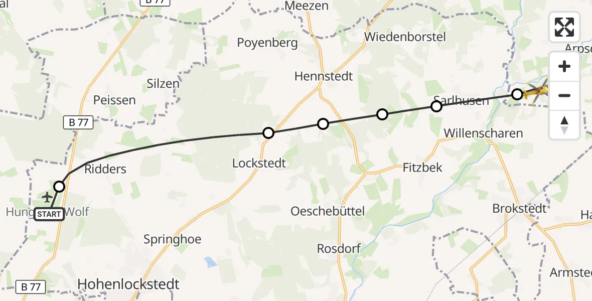 Flugroute Rettungshubschrauber Itzehoe Hungriger Wolf Flugplatz - Arpsdorf, 16 Juni 2026, 05:53
