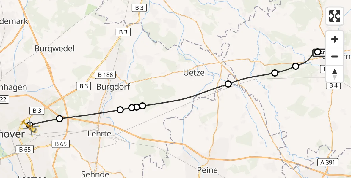 Flugroute Rettungshubschrauber Gifhorn Bundespolizei Hubschrauberlandeplatz - Hannover Luftrettung Hubschrauberlandeplatz (Christoph 4), 16 Juni 2026, 06:30