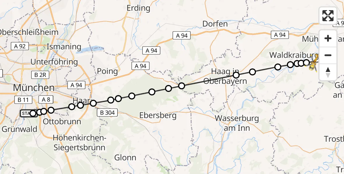 Flugroute Rettungshubschrauber ADAC Air Rescue Center Hubschrauberlandeplatz (Christoph 1) - Kraiburg a.Inn, 16 Juni 2026, 06:38