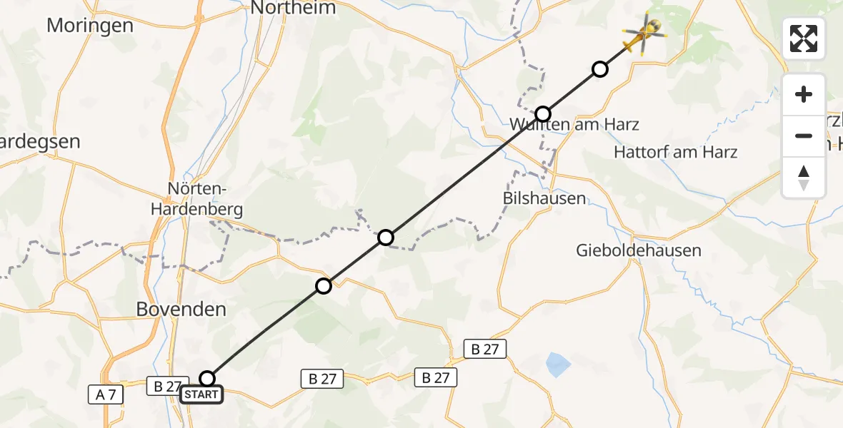 Flugroute Rettungshubschrauber Göttingen University Clinic Hubschrauberlandeplatz - Osterode am Harz, 16 Juni 2026, 06:43