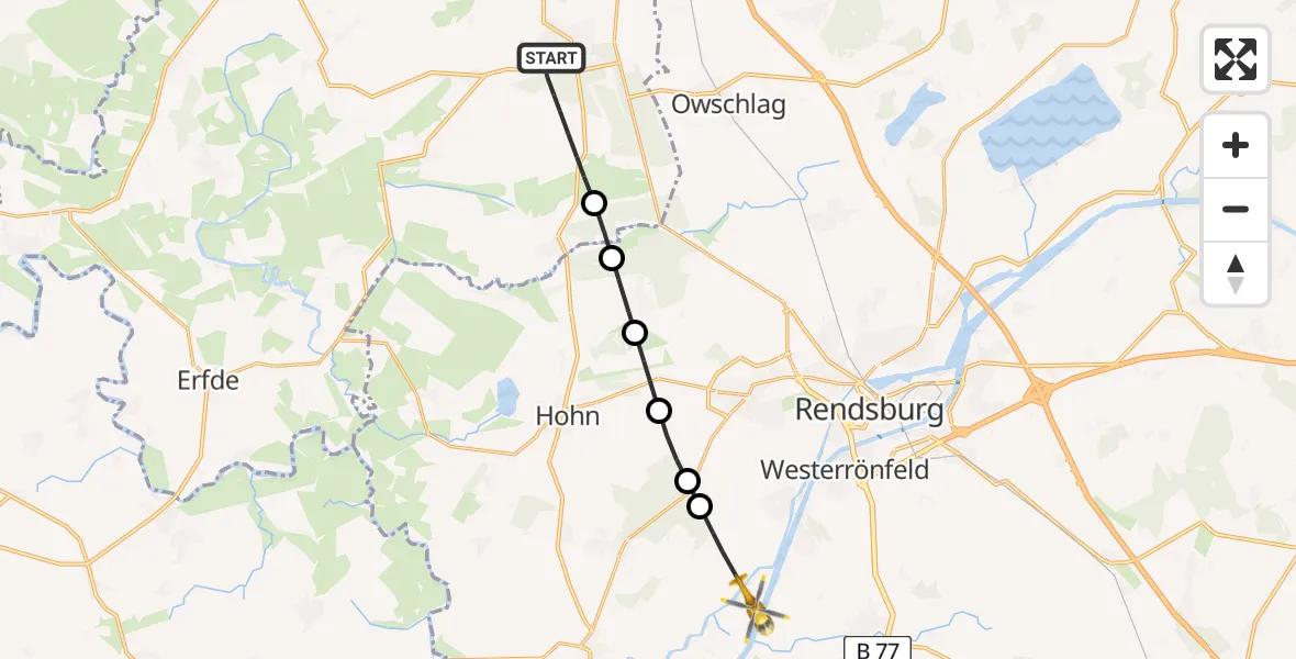 Flugroute Ambulanzhubschrauber Kropp - Schülp b.Rendsburg, 16 Juni 2026, 06:43