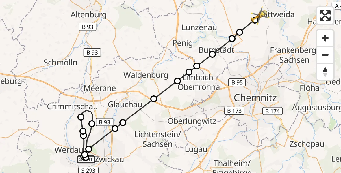 Flugroute Rettungshubschrauber ADAC Air Rescue Station Zwickau Hubschrauberlandeplatz - Mittweida, 16 Juni 2026, 06:45