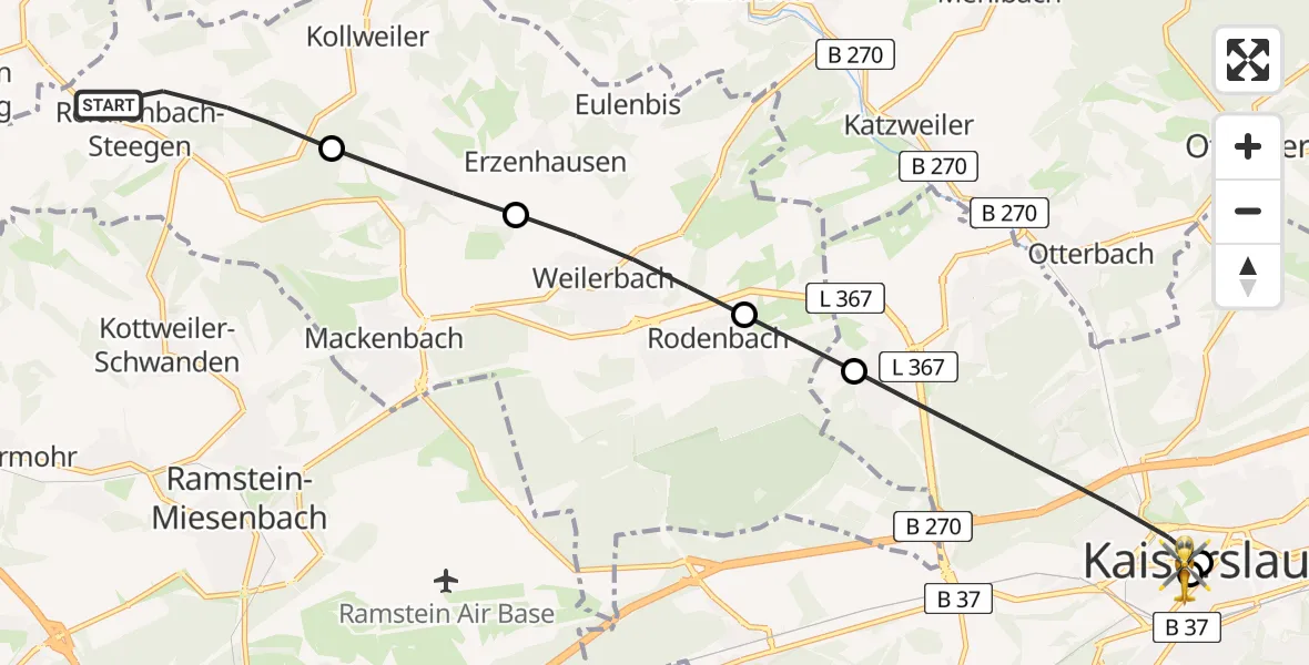 Flugroute Rettungshubschrauber Reichenbach-Steegen - Westpfalz Hospital Kaiserslautern, 16 Juni 2026, 06:53