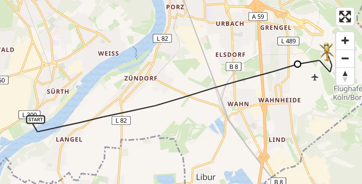Flugroute Rettungshubschrauber Köln - Köln Bonn Flughafen, 16 Juni 2026, 07:08