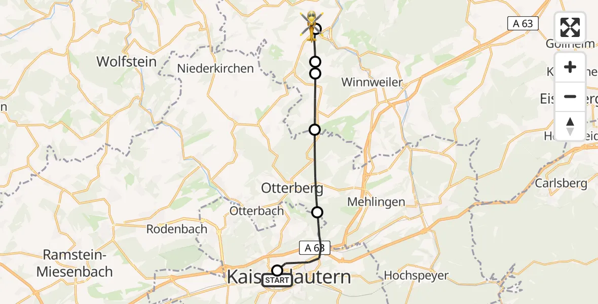 Flugroute Rettungshubschrauber Westpfalz Hospital Kaiserslautern - Imsweiler UL, 16 Juni 2026, 07:15