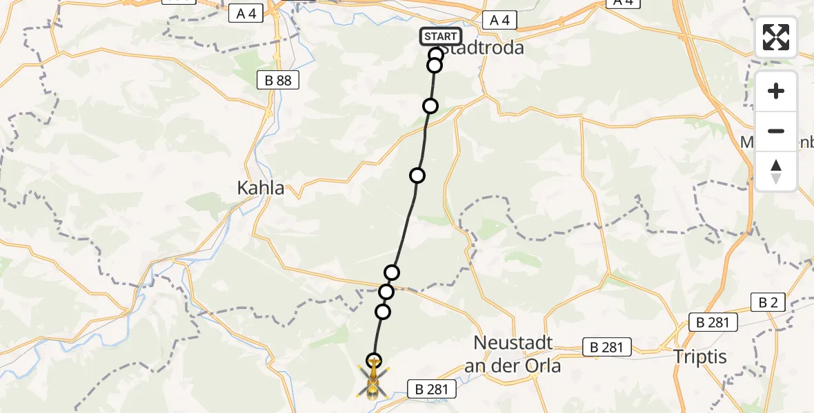 Flugroute Rettungshubschrauber Stadtroda - Oppurg, 16 Juni 2026, 07:17