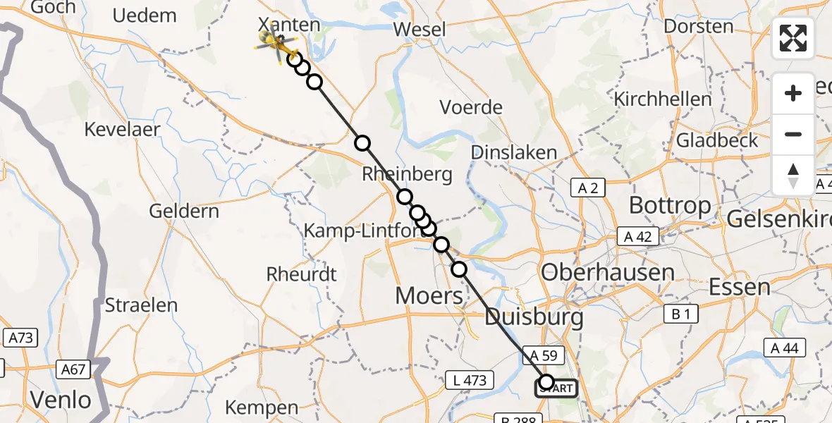 Flugroute Rettungshubschrauber Duisburg Air Rescue Hubschrauberlandeplatz (Christoph 9) - Xanten, 16 Juni 2026, 07:21