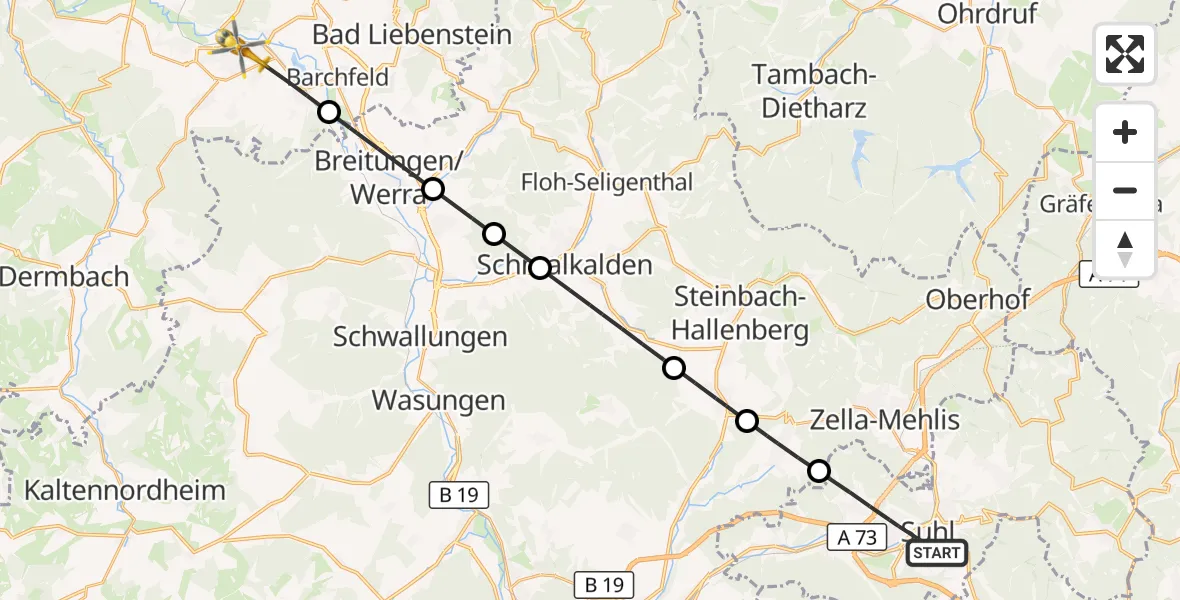 Flugroute Rettungshubschrauber Suhl - Bad Salzungen, 16 Juni 2026, 07:27