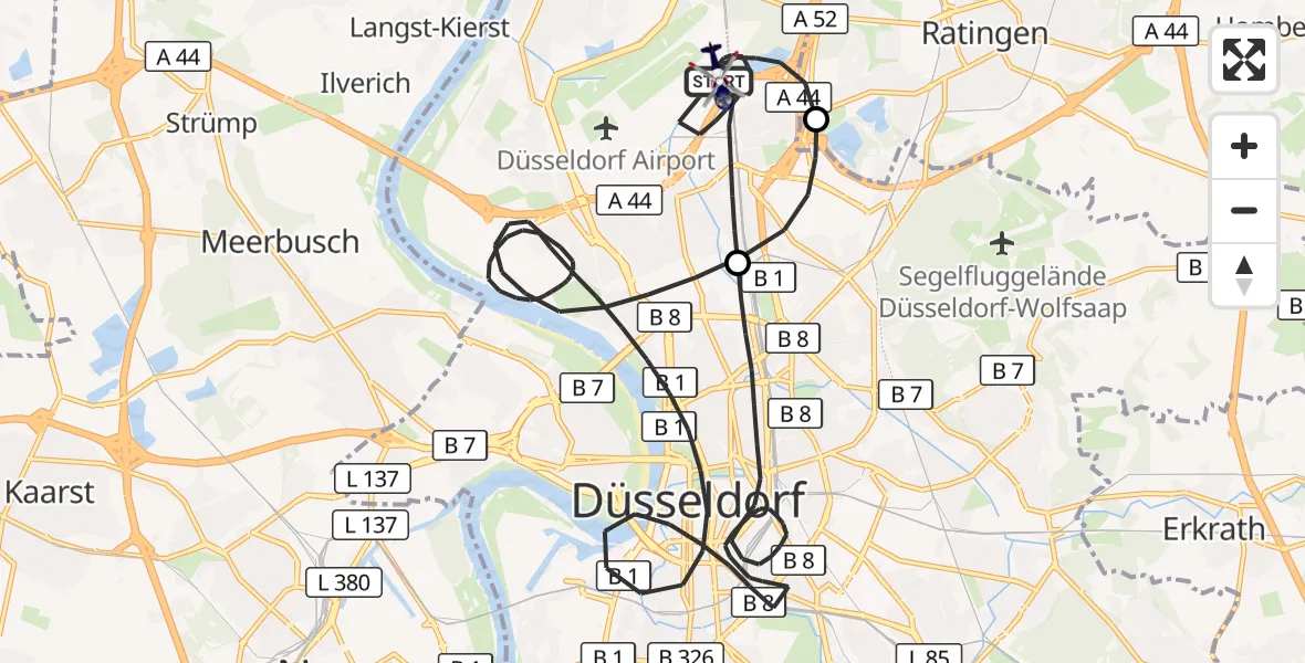 Flugroute Polizeihubschrauber Düsseldorf Flughafen - Düsseldorf Flughafen, 16 Juni 2026, 07:30