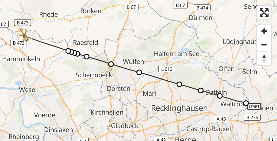 Flugroute Rettungshubschrauber Lünen - Hamminkeln, 16 Juni 2026, 07:31