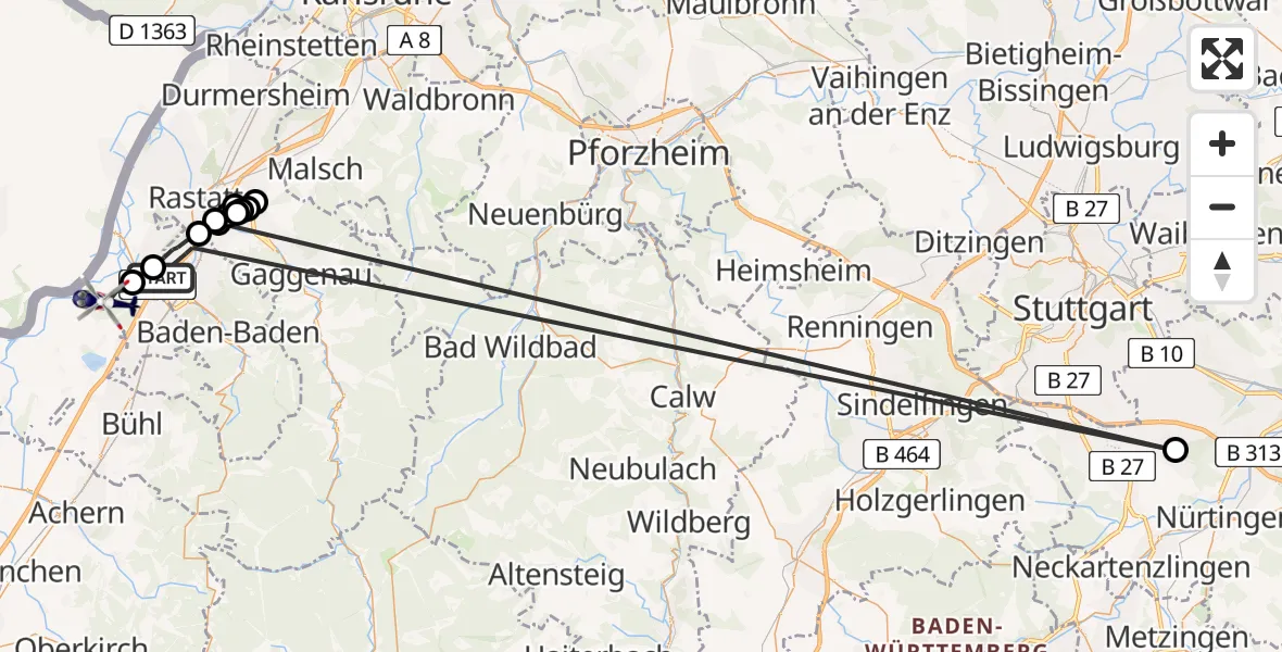 Flugroute Polizeihubschrauber Baden-Baden - Hügelsheim, 16 Juni 2026, 07:33