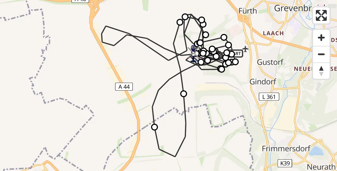 Flugroute Polizeihubschrauber Gustorfer Höhe Flugplatz - Jüchen, 16 Juni 2026, 07:34